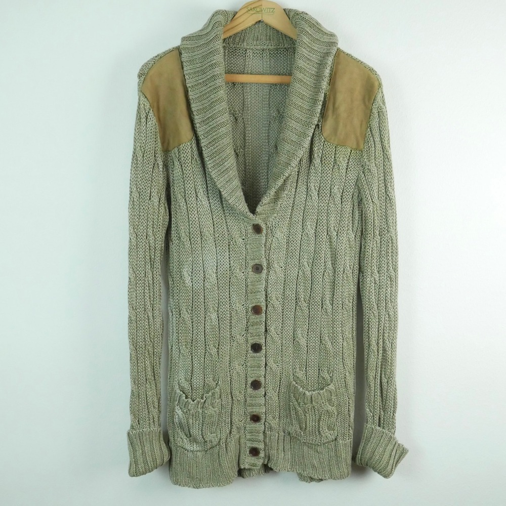 Ralph Lauren Blue Label Linen Cable Knit Suede Patch Shawl Collar Cardigan Large